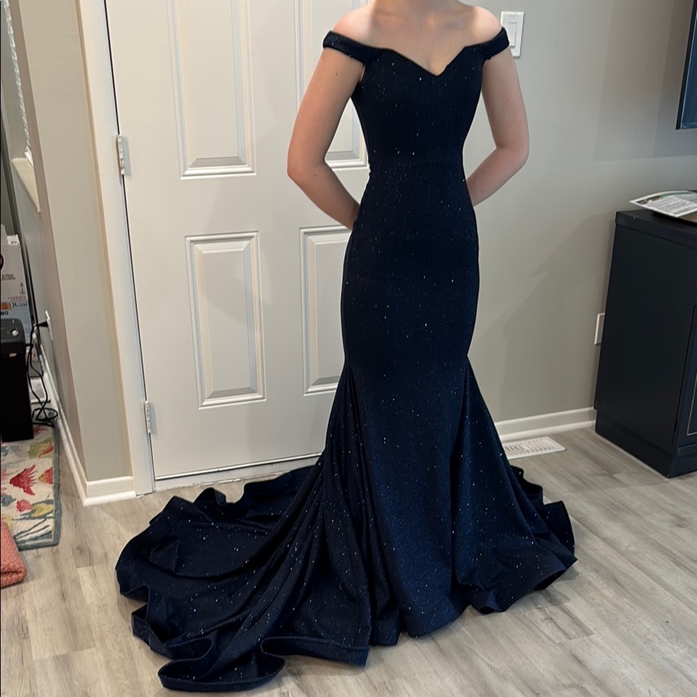 Jovani Elegant Off-Shoulder Navy Blue Gown